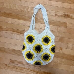 Handmade Sunflower Crocheted Hippie Hobo Purse Retro Style Crochet cream yellow
